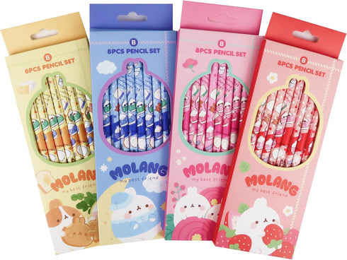 Molang 8-Piece Pencil Set 1pack - Soft #B Pencil Lead - Kawaii Cute Korean Stationery, Smooth Writing Experience, Perfect for Drawing, Sketching, ...