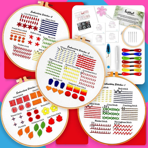 Fashhut Set of 4 Embroidery Kit for Beginners with Patterns & Complete Instructions - DIY Cross Stitch Kits for Adults with 1 Embroidery Hoop, Nee...