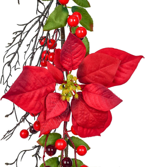 DearHouse 5.3 Ft Berry Christmas Garland, Artificial Poinsettia Garland with Red Berries and Holly Leaves, Pine Cone Garland for Winter Holiday Ne...