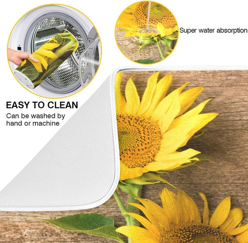 Absorbent Dish Drying Mat for Kitchen Counter - Yellow Sunflower Country Style Microfiber Drying Pad, Reversible Drainer Mats for Countertop, Medi...