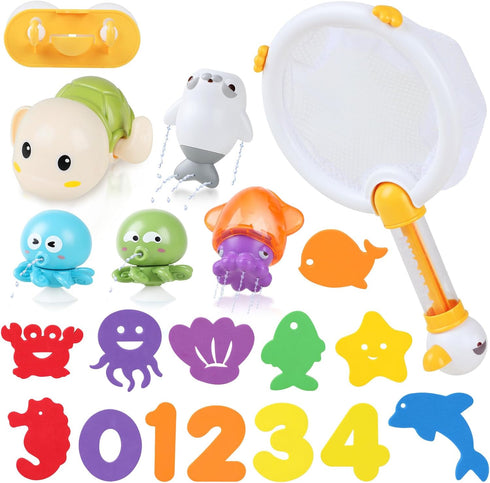 Bath Toys for Kids Ages 1-3 - Mold Free Baby Pool Toys for Toddlers with 2-in-1 Fishing Net Water Spraying Floating Animals and Foam Toy, Wind up ...