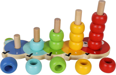TOWO Wooden Stacking Rings Baby –Lovely Caterpillar Counting Game - Colour Sorting Puzzle - 5 Pegs Ring Stacker - Counting Rings Early Learning Wo...