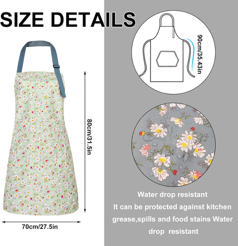 3 Pcs Daisy Floral Aprons with pockets, Waterproof Apron for women, Kitchen Cooking Apron Adjustable Bib aprons Soft Chef Apron for Cooking, Drawi...