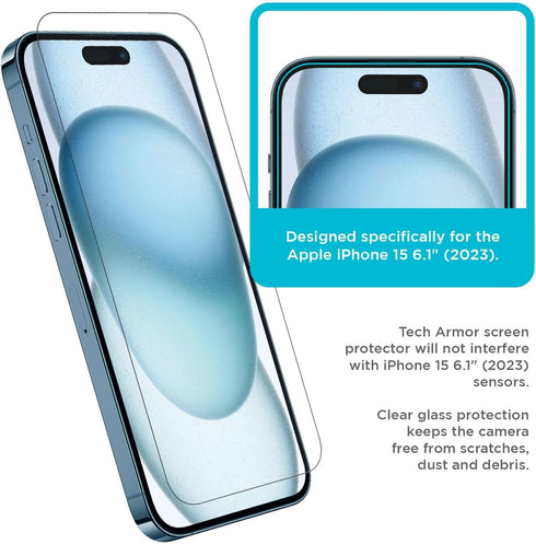 Tech Armor Screen Protector for iPhone 15 6.1 inch - Ballistic Tempered Glass, Case Friendly, Sensor Protection, HD, 9H Hardness, 3 Pack + Bonus C...