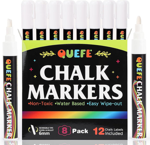 QUEFE 8pcs White Chalk Markers, 6mm Liquid Chalk Markers Dry Erase Marker Pens for Blackboard, Dual Tip Chalkboard Markers with Reversible Tip for...