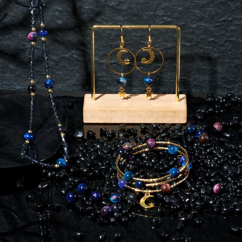 60Pcs Space Theme Gemstone Beads Kit 8mm Natural Tiger Eye Beads Blue Goldstone Beads Crafts Elastic Thread for DIY Bracelet Earring Necklace Jewe...