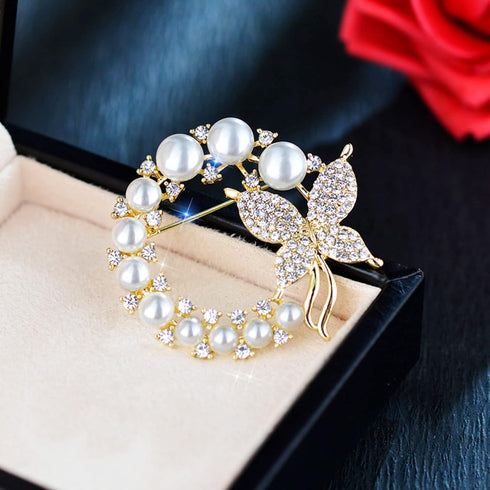 Wreath Brooch Natural Pearl Butterfly Scarf Buckle Pin Empty Holder Accessories Wedding Corsage, White Pearl (X2263-1-230)...