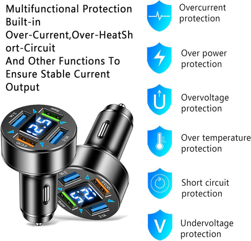 66W Fast Car Charger,4 Ports Cigarette Lighter USB Charger with LED Voltmeter,QC3.0/Super Port Car Charger Adapter Fast Charging,Compatible with A...