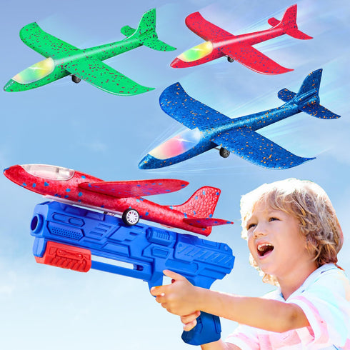 Toy Airplane, 3 Pack Airplane Launcher Toys 2 Flight Mode Glider Plane Outdoor Toys for Kids Ages 3 4 5 6 7 8 9 10 11 12 Year Old Boys & Girls Bir...