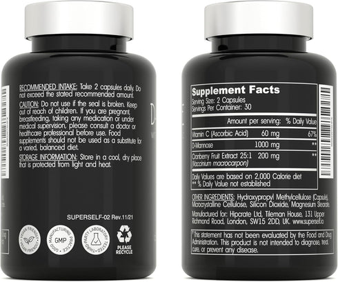 D-Mannose 1000mg Capsules - D Mannose with Cranberry Extract and Vitamin C - 60 Capsules 500mg High Strength - Urinary Tract Health for Women & Me...