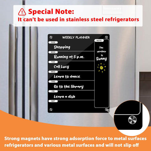 Weekly Dry Erase Board for Refrigerator, Magnetic Weekly Calendar for Fridge, Black Acrylic Note Board, Planner Schedule Board, Double-Sided Use...