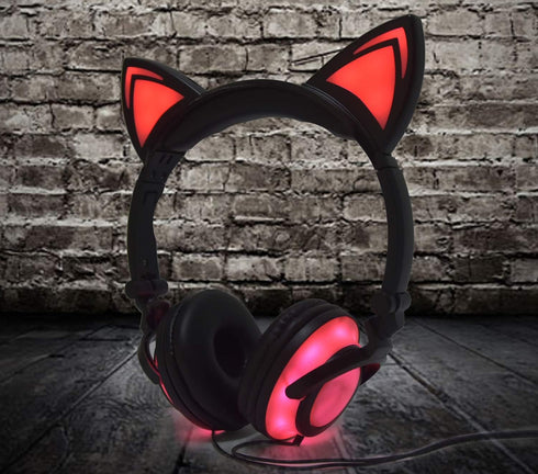 Kids Headphones with Cat Ears, LED Light Chargeable Earphones for Kids Teens Adults, Compatible for iPad, Tablet, Computer, Mobile Phone (Black&Pi...