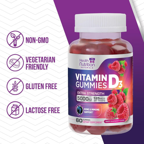 Vitamin D3 Gummies Extra Strength 5000 IU (125 mcg) - Bone, Teeth, Muscle & Immune Support Vitamin D Gummy Dietary Supplement, Nature's Berry Vita...