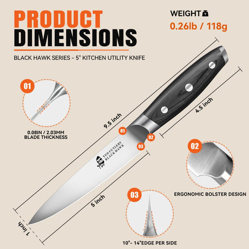 TUO Utility Knife - 5 inch Kitchen Chefs knife - Meat, Fruit, Vegetable Knife Paring Knife - German HC Steel - Full Tang Pakkawood Handle - BLACK ...