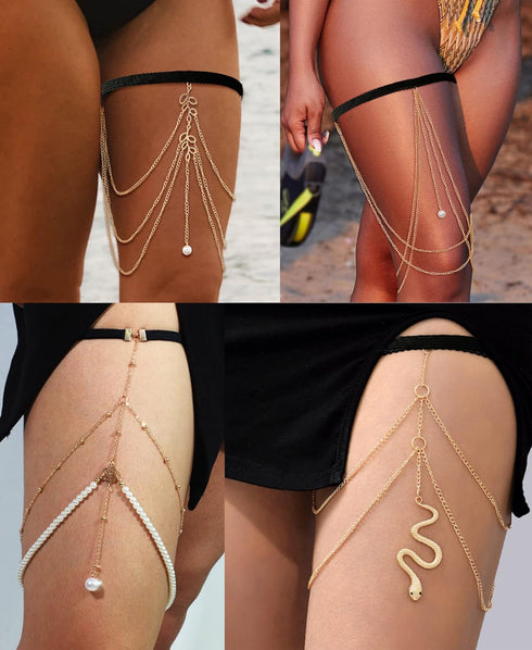 Tornito 12Pcs Thigh Chains Snake Heart Pearl CZ Leg Chain Boho Layered Body Chain Summer Beach Party Body Jewelry for Women Silver Gold Tone...
