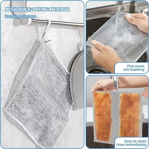 Non-Scratch Wire Cleaning Cloths 2 Pack Multipurpose Wire Dishcloths Double Layer Reusable Cleaning Rags Wire Dishwashing Rags for Wet and Dry Wir...