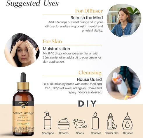 Avatra Orange Essential Oil for Diffuser, Skin, & Aromatherapy | Natural & Undiluted | Cleaning, DIY, Soap & Candle Making | Premium Grade with Gl...