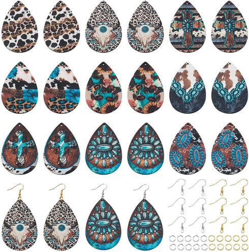Elecrelive Teardrop Wood Earring Making Kit 36pcs Western Style Printed Earring Charms Big Boho Vintage Wood Pendants with Cowhead Turquoise Cross...