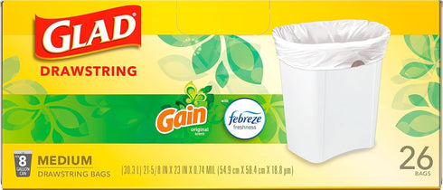 Glad Trash Bags, Medium Drawstring Garbage Bags, 8 Gal, Gain Original Scent with Febreze, 26 Ct (pack of 1), Pack May Vary...