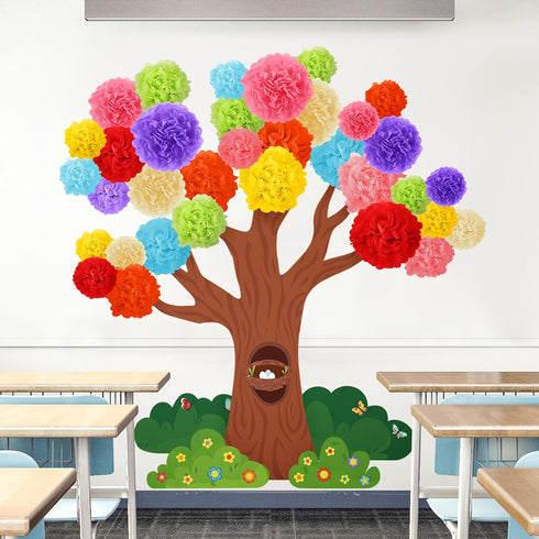 Classroom Tree Bulletin Board Set 3D Tree Classroom Decoration with Paper Pom Poms Classroom Tree Wall Decoration for Preschool Kindergarten Prima...