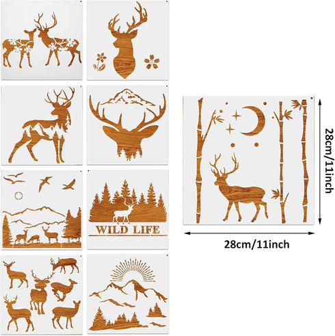 9 Piece Forest Deer Wolf Mountain Stencils Moon Bamboo Pattern Animal Flower Reusable Templates Forest Theme DIY Stencils with Metal Open Ring for...