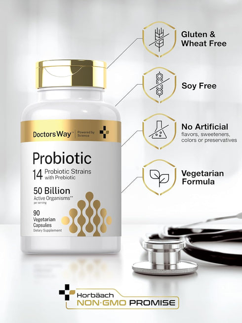 Doctor's Way Probiotic Supplement | 50 Billion Active Organisms | 90 Capsules | 14 Strains with Prebiotic | for Men and Women | Vegetarian, Non-GM...