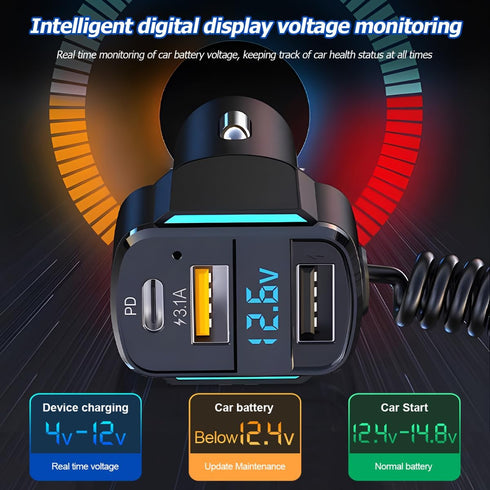 USB C Car Charger, 3-Port Fast Car Charger PD3.0 & QC3.0 with LED Digital Display, Cigarette Lighter Fast Charging Adapter Compatible with iPhone ...