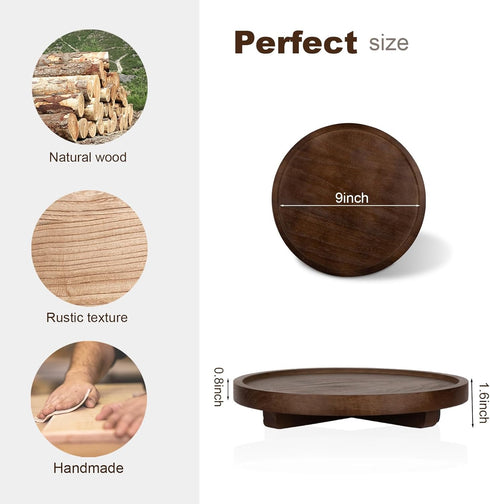 9" Round Decorative Tray Wood Bathroom Counter Organizer Farmhouse Kitchen Decor Wooden Riser for Soap Dish, Perfume, Candle, Sponge, Walnut...