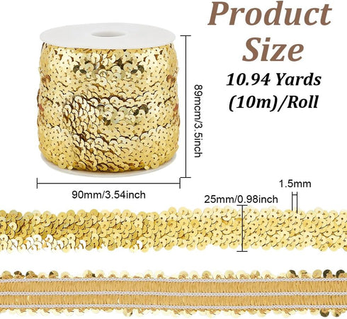 OLYCRAFT 11-Yard 1 Inch Elastic Sequin Trim Metallic Gold Stretch Sequin Trim 3-Row Fabric Paillette Ribbon Trims for Dress Embellish and Headband...