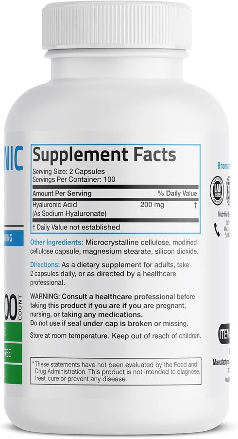 Bronson Hyaluronic Acid 200 MG High Potency Joint Health & Healthy Skin Support, Non-GMO, 200 Vegetarian Capsules...
