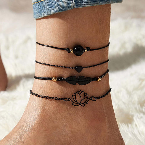 4Pcs Anklet Bracelet for Women Black Leaf Bead Braided Cord Anklet Dainty Hollow Lotus Heart Ankle Chain Summer Beach Foot Jewelry for Teen Girls...