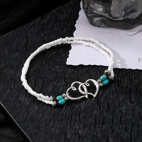 2PCS Beaded Anklets for Women with Silver Double Heart Stretch Elastic Ankle Bracelets for Women Summer Boho Jewelry...