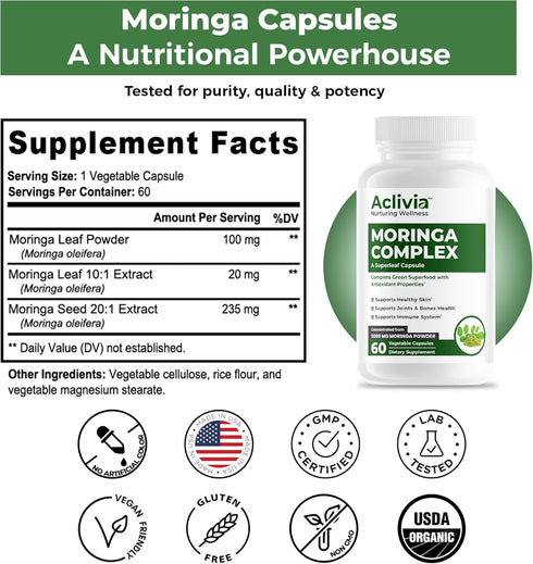 Moringa Complex with Oleifera Leaf & Seed Extract, Potent Strength 5000 mg per Serving, Complete Green-Based Superfood with Antioxidant Properties...