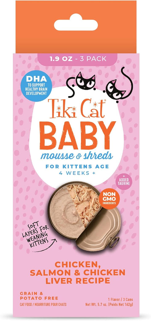 Tiki Cat Baby Mousse & Shreds, Chicken, Salmon, and Chicken Liver, High-Protein, Wet Cat Food for Kittens 4 Weeks+, 1.9 oz. Cans (Pack of 3)...