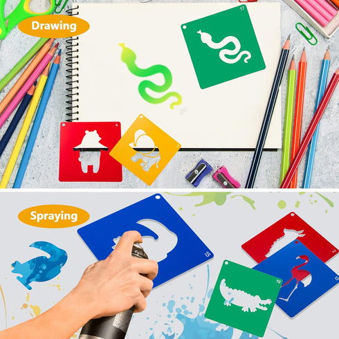 20 PCS Animal Stencils for Kids, 8 x 8 Inch ViikiFain Sidewalk Chalk Stencils Colorful Drawing Stencils with 5 Pcs Scratch Paper Reusable DIY Craf...