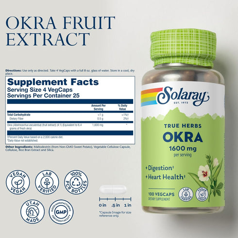 SOLARAY Okra Fruit 1600 mg - Healthy Digestion, Regularity and Heart Health Support Supplement - Soluble Fiber - Lab Verified, Vegan, 60-Day Guara...