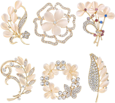 Lot 6pcs Opal Cat's Eye Stone Crystal Rhinestone Leaf Flower Brooch Pin set for Women...