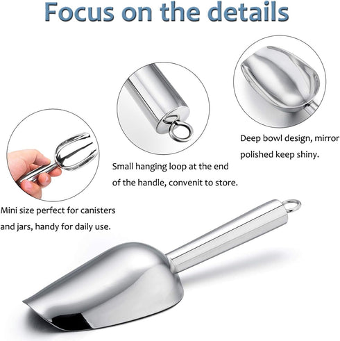 E-far Mini Ice Scoop Set of 2, 3 Ounce Stainless Steel Scoops for Ice Cube/Candy/Flour/Sugar, Metal Utility Scoops for Canisters, Baking, Kitchen ...
