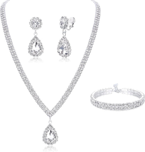 FIBO STEEL Clip on Wedding Jewelry for Bride Bridesmaid Clip Teardrop Pendant Earrings Crystal Rhinestone Tennis Necklace Bracelets Jewelry Set fo...