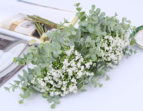 Artificial Flowers Eucalyptus Leaf Babys Breath Gypsophila Bouquets Wedding Party Home Decor,Pack of 1(White)...