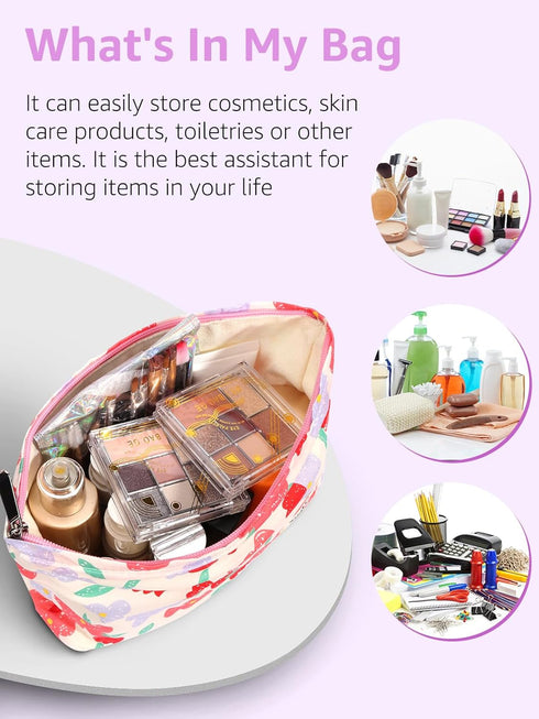 Makeup Bag - Travel Make Up Bag Pink Flower - Floral Cosmetic Bag for Women - Portable Makeup Organizer Bag for Business Trip...