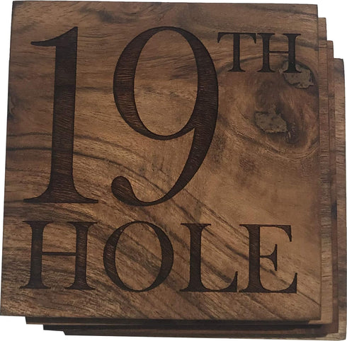 Golf Coasters, 19th Hole Golf Drink Coasters - Gift for Golfer - Engraved Acacia Wood Golf Decor - Golf Gift for Bar or Bar Cart (Set of 4)...