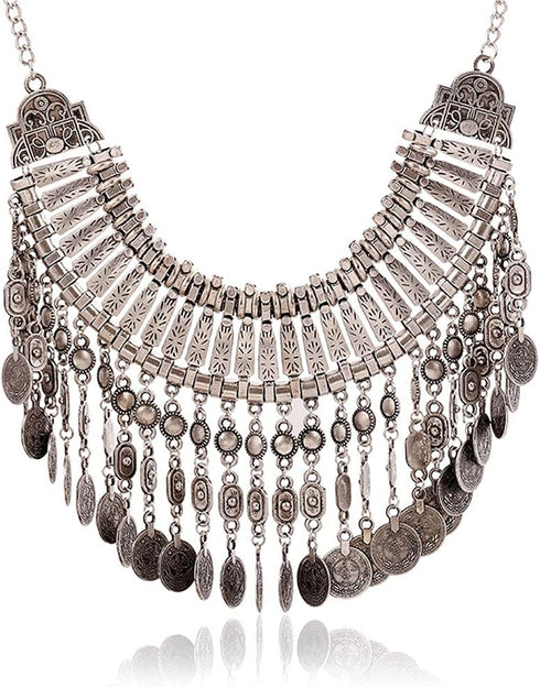 LUREME Boho Coin Statement Necklace for Women, Collar Choker Long Tassel Ethnic Gypsy Chunky Necklace (nl006294)...