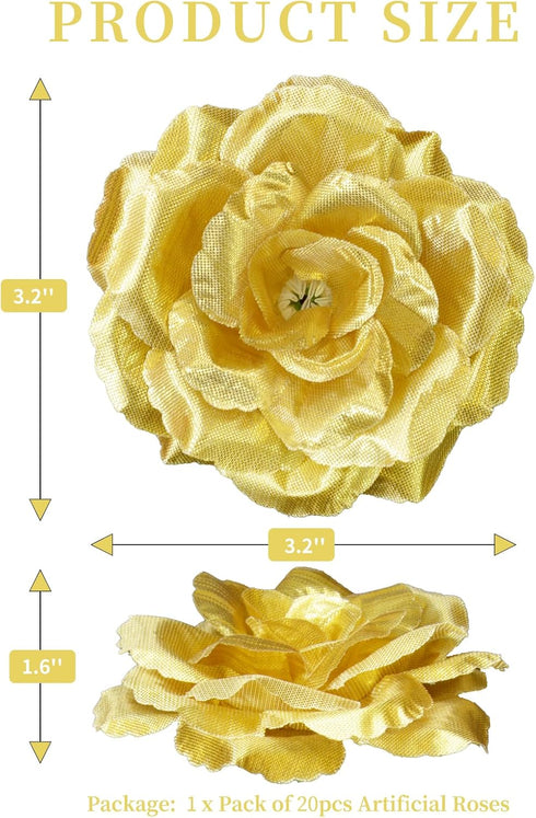 20 Pcs Gold Rose Head Flowers Without Stem, Artificial Flowers Head for DIY Decoration, 3 Inch Silk Rose Fake Flower for Wedding Party Home Decor ...