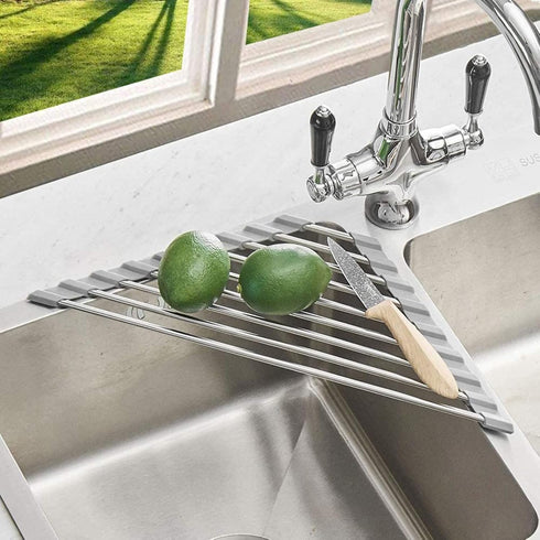 Triangle Dish Drying Rack for Sink Corner Roll Up Folding Stainless Steel Multipurpose Over The Sink Dish Drainer Mat for Kitchen (Grey)...
