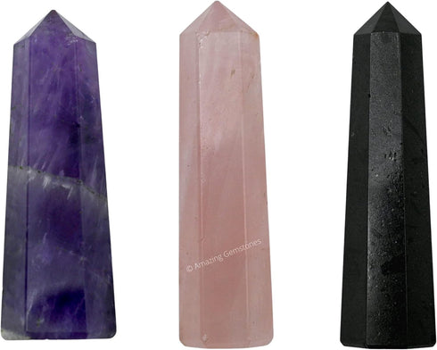 Amazing Gemstone Set of 3 Amethyst, Rose Quartz, Black Tourmaline Crystal Towers - Natural Healing Crystal Point Obelisk for Reiki Healing and Cry...