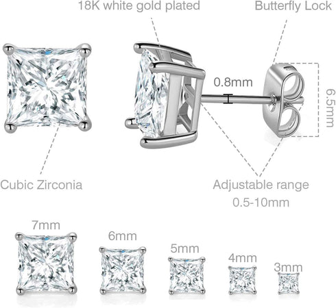 GEMSME 18K Gold Plated Princess Cut Clear Cubic Zirconia Stud Earrings Pack of 5 (white gold)...