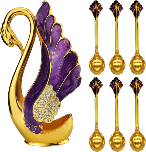 Swan Base Holder with 6pcs Coffee Dessert Dinner Spoon Set, Metal Coffee Spoon Organizer Teaspoon Fruit Dessert Flatware Sugar Ice Cream Spoons (P...