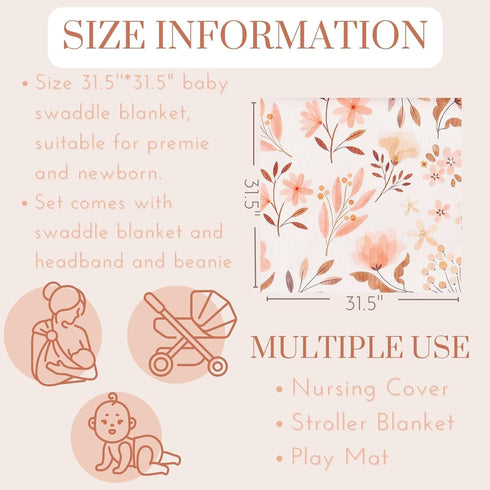 Newborn Baby Snug Wrap Baby Girl Receiving Blanket Swaddle Blanket with Headband Beanie Set and Name Card (Orange Floral)...