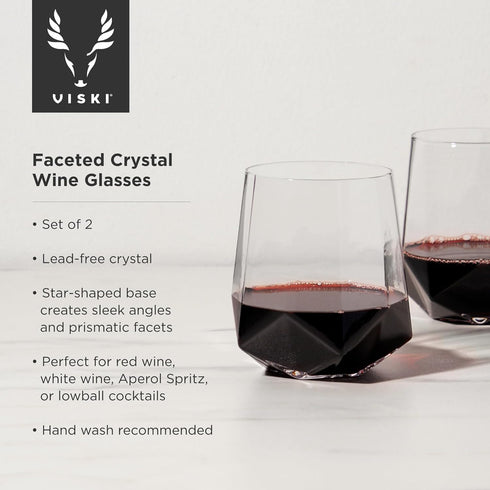 Viski Raye Faceted Crystal Wine Glasses Set of 2, No-Lead Premium Crystal Clear Glass, Modern Stemless, Wine Glass Gift Set, 20 oz...